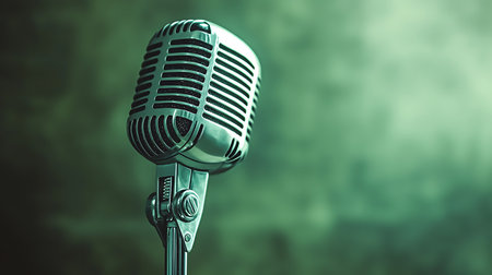 A beautiful vintage microphone stands isolated against a softly lit green background, perfect for projects related to music, performance, and creative expression.の写真素材