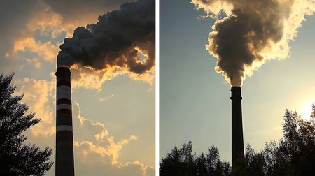 Two industrial smokestacks stand tall, releasing dense smoke against a beautiful sunset sky. The...