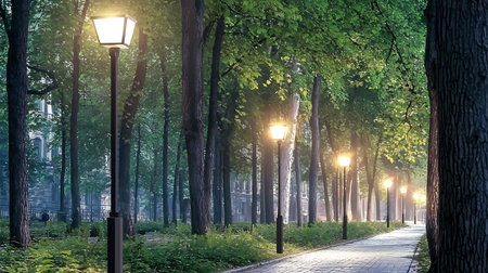 A peaceful evening walk in a vibrant urban park, showcasing tree-lined paths illuminated by...