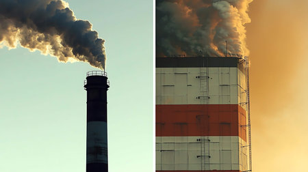 The image showcases smoke emissions rising from industrial stacks against a striking sunset sky. It...