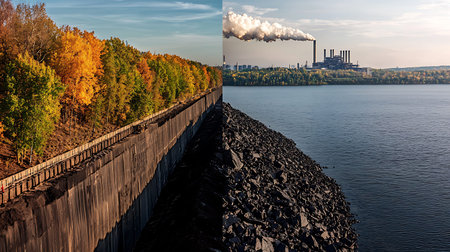 This image showcases a stunning contrast between vibrant autumn forest foliage and an industrial power plant by the river. The beauty of nature meets human development.の写真素材