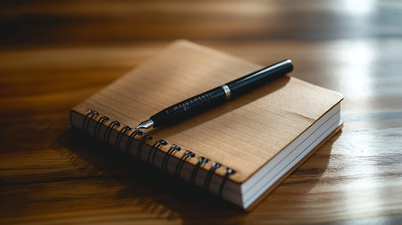 A brown notebook lies open with a black pen resting on it, capturing a serene workspace scene...