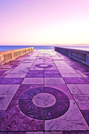 A stunning seaside walkway featuring colorful marble patterns under a vibrant sunset. The peaceful scene invites relaxation and exploration along the coast.の写真素材