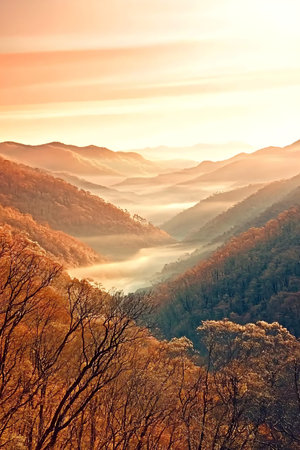 A captivating valley landscape at sunrise showcasing mist rising among autumn foliage, creating a...