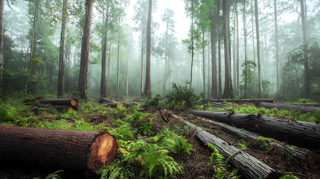 A serene forest scene featuring cut trees and lush green ferns in a misty atmosphere. The...