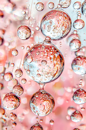 A stunning close-up of water droplets reflecting a soft, colorful background. The artwork captures...