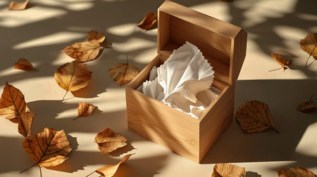 This image features an elegant wooden box filled with crumpled white paper, surrounded by vibrant autumn leaves. The soft sunlight creates a tranquil atmosphere, perfect for seasonal decor inspiration.の写真素材
