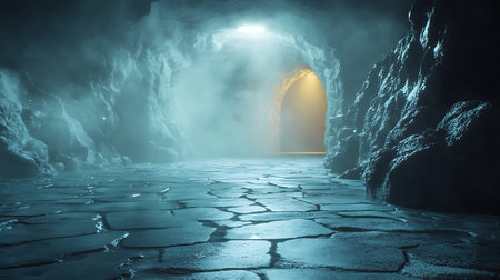 A stunning view of a mysterious cave passage shrouded in fog, featuring an illuminated archway that invites exploration.の写真素材