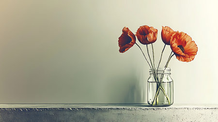 A stunning arrangement of vibrant red poppies in a glass jar sits elegantly on a concrete surface,...