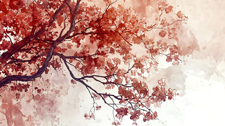 This stunning abstract illustration features elegant red tree branches set against a soft watercolor background, creating a tranquil and artistic atmosphere.の写真素材
