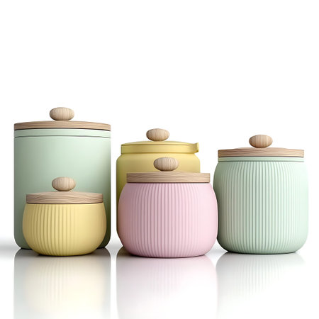 A set of stylish and colorful kitchen storage containers in pastel shades with wooden lids. Perfect...