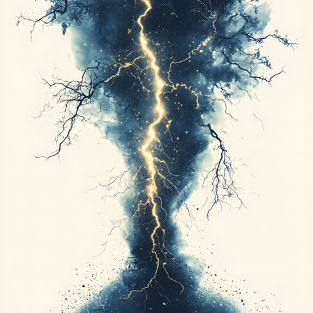 A striking image capturing a powerful lightning bolt illuminating dark clouds, highlighting tree...