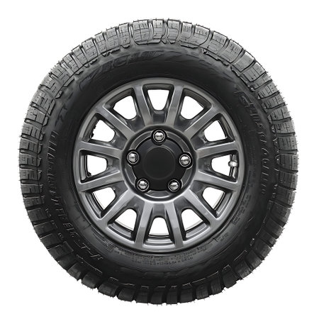 High-quality image of a black alloy wheel with a tire, suitable for automotive projects, showcasing design and durability in transportation contexts.の写真素材