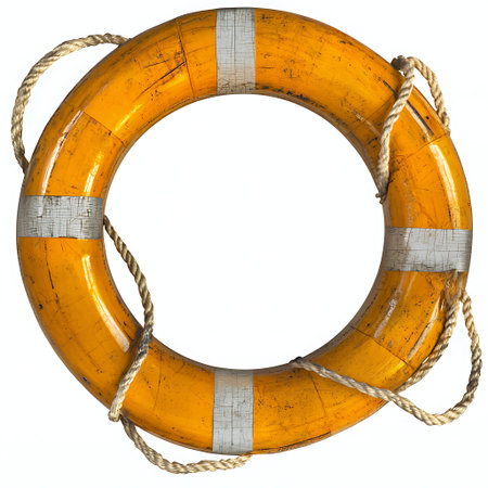 A vibrant yellow lifebuoy ring with distinct white stripes, isolated on a clean white background,...
