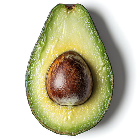 A vibrant, halved avocado showcasing its creamy flesh and rich seed. Ideal for promoting healthy...