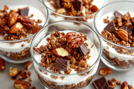 Enjoy layers of creamy yogurt, crunchy granola, assorted nuts, and rich dark chocolate in these...