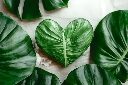 A stunning heart-shaped green leaf stands out among larger leaves on a soft marble surface,...