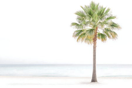 A solitary palm tree stands on a tranquil beach, surrounded by soft white sand and calm ocean waters under gentle sunlight, creating an inviting tropical oasis.の写真素材
