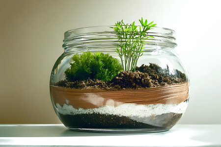 This image features a beautiful terrarium housed in a glass container, showcasing layers of soil and vibrant green plants. Perfect for indoor decor and gardening inspiration.の写真素材