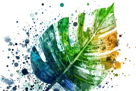 Bright and colorful watercolor illustration of a leaf with splashes, suitable for nature themes or artistic projects. Perfect for backgrounds or decorative uses.の写真素材