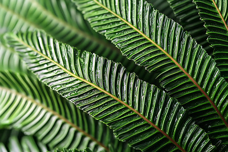 An intricate close-up view of lush green fern leaves adorned with refreshing water droplets,...