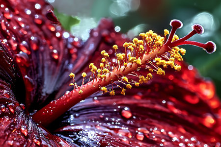 This stunning close-up captures the intricate details of a red hibiscus flower adorned with raindrops. The vibrant yellow stamen and lush petals evoke a sense of tropical beauty.の写真素材