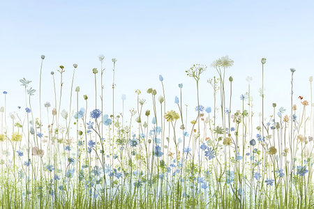 A serene wildflower meadow featuring a variety of blooms in soft pastel colors under a clear blue...
