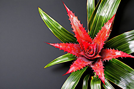 A striking image of a vibrant red plant with long green leaves contrasts beautifully against a dark...