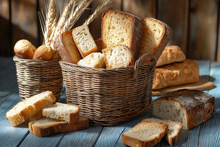 A beautifully arranged display of various types of freshly baked bread in rustic baskets,...