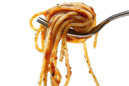 A tempting forkful of spaghetti topped with rich tomato sauce, herbs, and spices, perfect for a cozy...