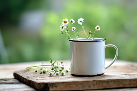 A charming arrangement of fresh wildflowers in a white enamel mug sits on a rustic wooden table, offering a tranquil ambiance surrounded by lush greenery.の写真素材