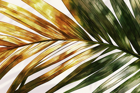 Stunning close-up of elegant green and gold palm leaves, showcasing natural beauty and vibrant...