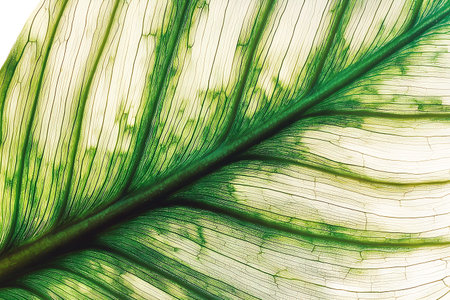 This close-up image showcases a vibrant green leaf, highlighting its intricate veins and unique...