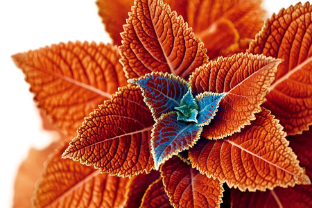 This stunning close-up image features vibrant orange and blue leaves with intricate patterns,...