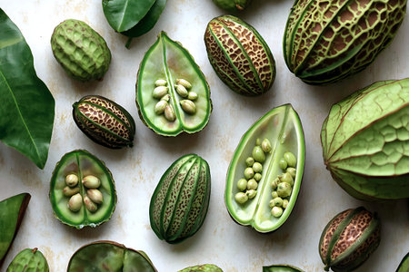A striking arrangement of exotic green fruits showcasing unique textures and seed placements on a...