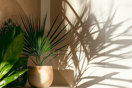 A captivating scene showing sunlight casting intricate shadows from potted plants onto a wall,...