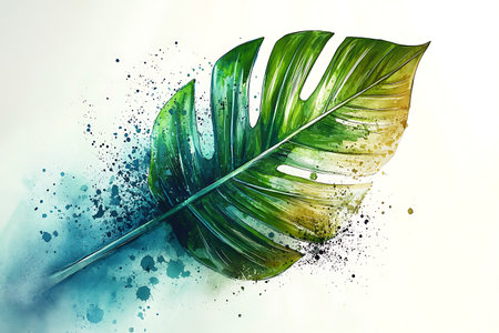 This stunning artwork features a vibrant monstera leaf with colorful splashes in a watercolor style, perfect for nature enthusiasts or modern decor.の写真素材