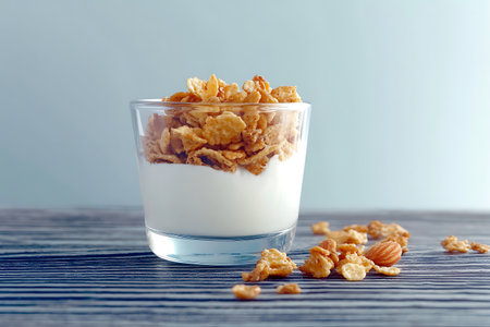 A refreshing glass of yogurt topped with crunchy cereal and almonds, perfect for breakfast or a healthy snack. Simple and delicious!の写真素材