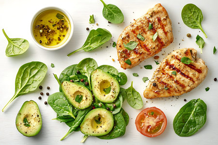 Freshly grilled chicken breast served with vibrant spinach, creamy avocado, and extra virgin olive...