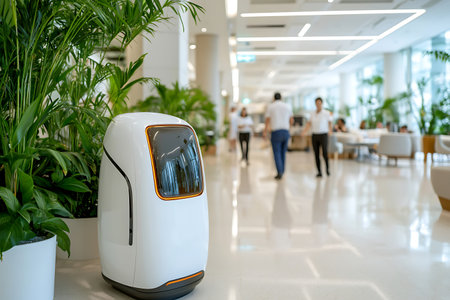 A futuristic robot designed for indoor assistance stands among lush greenery in a modern space, showcasing innovative technology and interaction with people.の写真素材