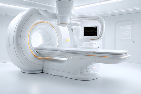 A modern medical imaging room featuring advanced equipment in a sleek and bright white environment designed for patient comfort and care.の写真素材