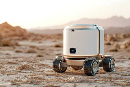 A small delivery robot is positioned on sandy terrain amid warm sunset light and mountains, showcasing advanced technology and innovative design in an outdoor setting.の写真素材