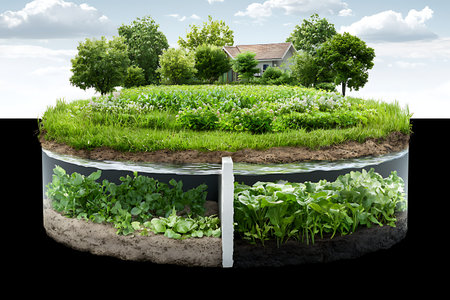 A cross-section illustration of a sustainable garden featuring a home, vibrant vegetation, and water. This artwork showcases eco-friendly principles and nature's beauty.の写真素材