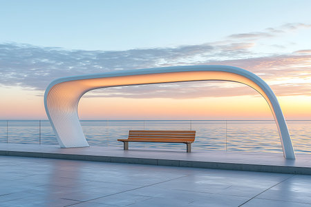 A stunning modern arch frame offers a unique architectural feature by the ocean at sunset, creating a serene atmosphere perfect for relaxation and contemplation.の写真素材