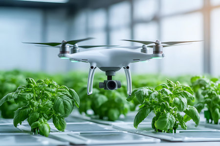 A drone hovers over a greenhouse filled with healthy green basil plants, showcasing modern...