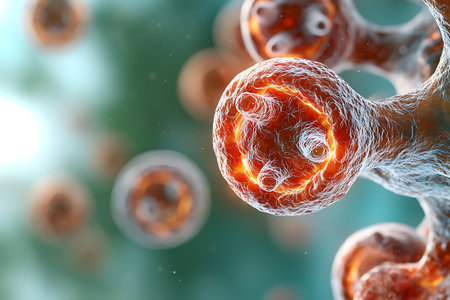 Captivating close-up of microbial cells showcasing their intricate structures, perfect for scientific research and educational materials in the field of microbiology.の写真素材