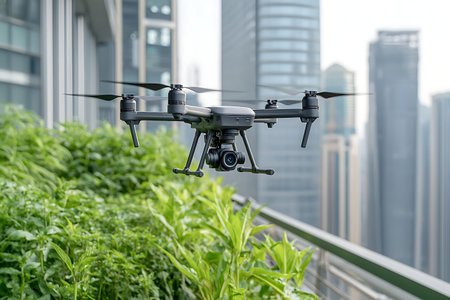 A sleek drone hovers gracefully above vibrant green plants on an urban balcony, with a stunning city...