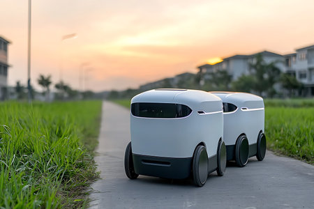 Two delivery robots navigate a suburban sidewalk during sunset, showcasing the blend of technology and modern convenience in daily life.の写真素材