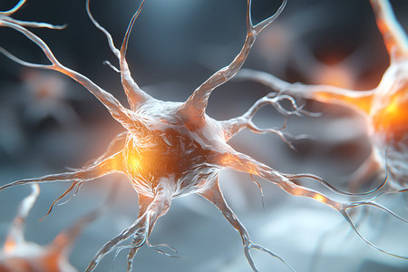This stunning image captures a glowing neuron with intricate axons and dendrites, showcasing the...