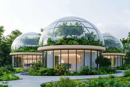 Stunning modern buildings feature glass domes surrounded by lush greenery, creating a harmonious blend of architecture and nature.の写真素材